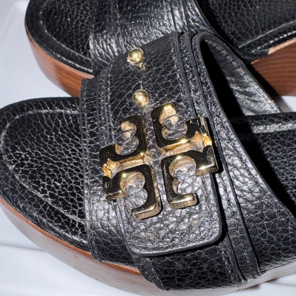 Tory Burch Black and Gold Wedge Sandals - Picture 7 of 10